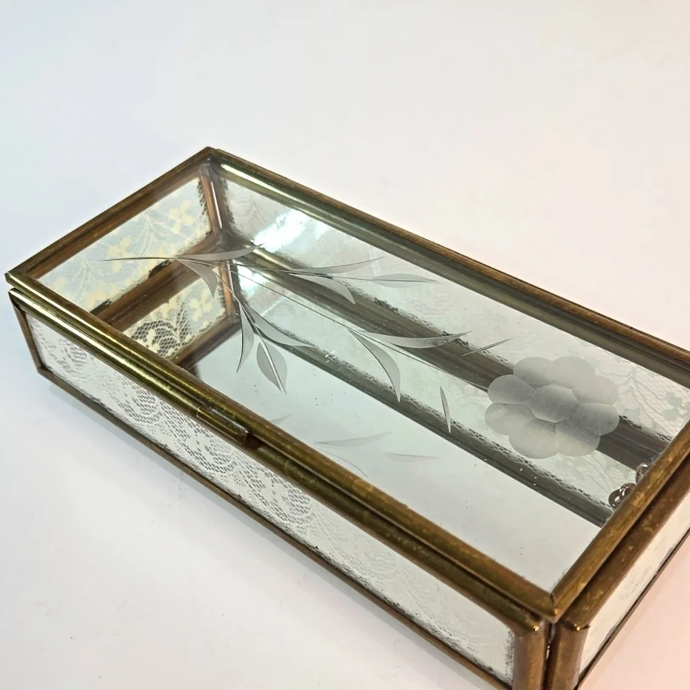 Vintage Etched Glass Jewelry Trinket Box Hinge-Lid Lace Gold Frame Shabby Chic